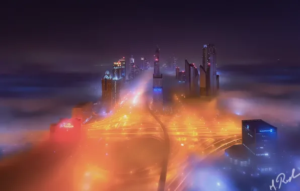 Night, the city, lights, fog, Dubai, UAE
