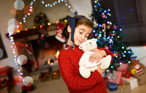 Toy, child, Christmas, bear, girl, New year, Christmas decorations, hugs