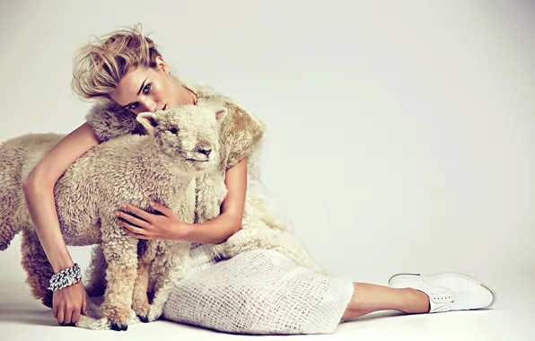 Picture girl, background, model, blonde, sheep, Rosie Huntington-Whiteley, Rosie Huntington-Whiteley, lamb