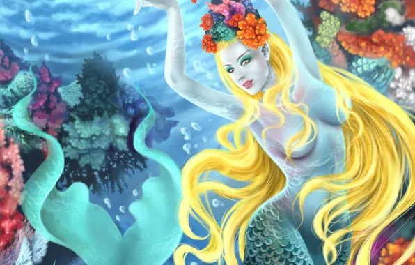 Girl, the ocean, mermaid, corals, art, underwater world
