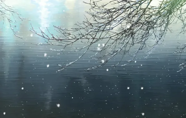 Picture winter, light, snow, pond, branch, Makoto Xingkai, Garden of fine words