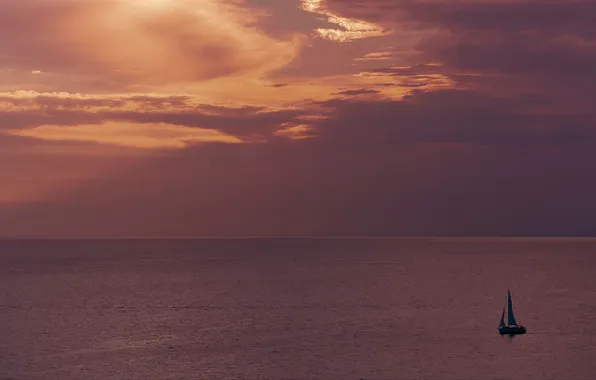 The sky, sunset, clouds, boat, the evening, horizon, silhouette, sails