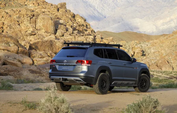 Picture mountains, rocks, Volkswagen, SUV, Atlas, 2019, dark gray, Basecamp Concept