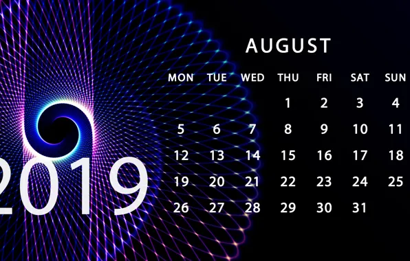 August, calendar, 2019