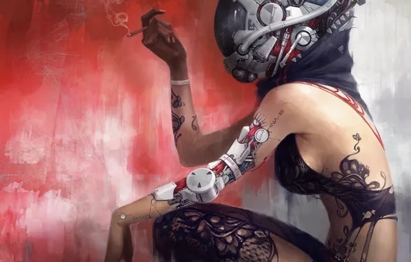 Girl, pattern, robot, tattoo, art, cigarette, helmet, profile