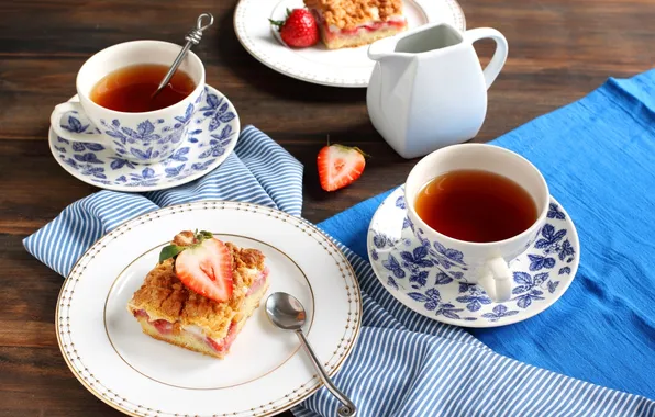 Picture berries, tea, strawberry, pie, Cup, plates, cakes, spoon