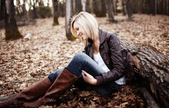 Picture forest, girl, smile, boots, blonde, log
