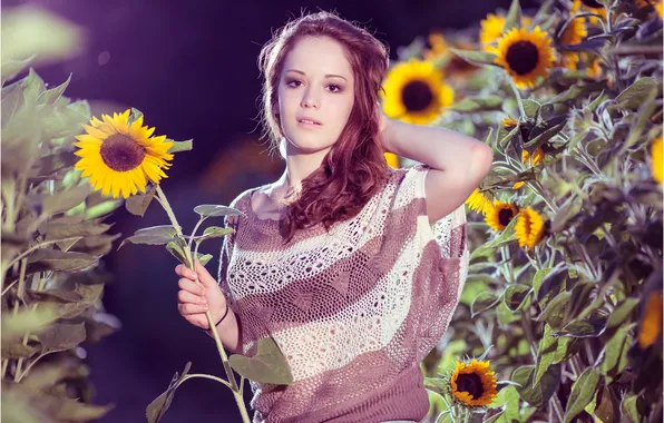 Girl, sunflowers, flowers