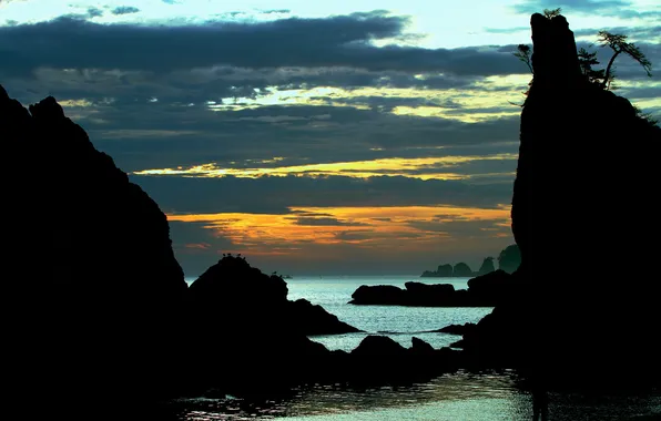 Sea, clouds, sunset, rocks