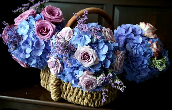 Flowers, pink, blue, roses, basket, hydrangea