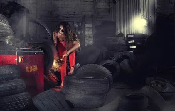Girl, garage, wheel, tires, sparks