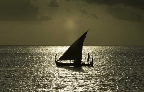 The ocean, boat, morning, sail, fishermen, silhouettes, Dhoni, GR Sailing