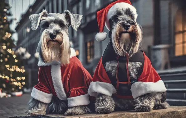 Dogs, the city, lights, street, building, home, Christmas, New year