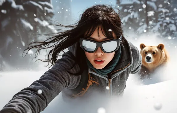Winter, forest, face, girl, snow, fear, chase, the situation