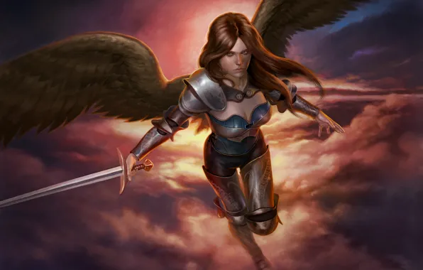 Picture look, flight, weapons, fiction, wings, angel, sword, armor