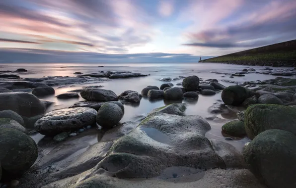 The sky, The evening, Lighthouse, Stone, Coast, Shoal, Boulders