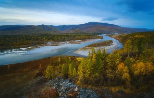 Picture autumn, landscape, nature, river, hills, morning, valley, forest