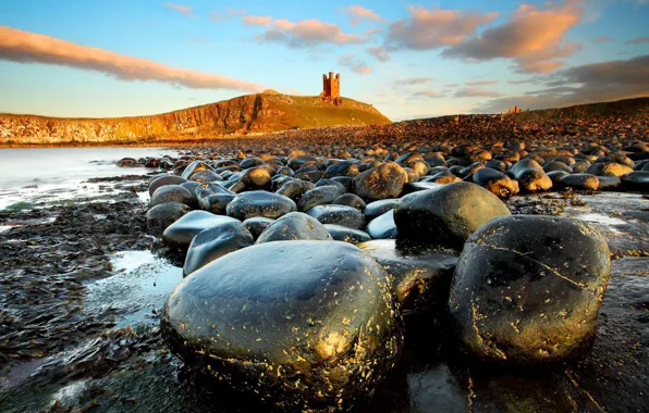 Sea, landscape, stones, castle, Northumberland, Dunstan Burgh