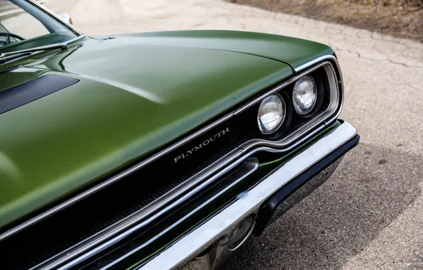 Picture close-up, 1970, Plymouth, front, Road Runner, headlights, Plymouth Road Runner 440+6 Hardtop Coupe