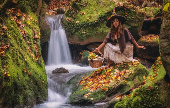 Picture autumn, leaves, girl, nature, stones, basket, waterfall, moss