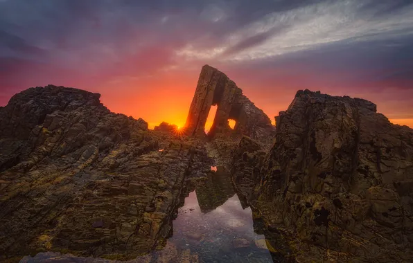 Sea, the sky, the sun, clouds, sunset, rock, reflection, stones