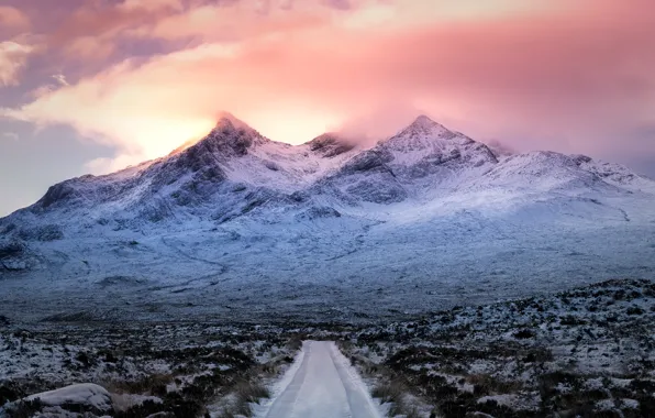 Road, mountains, Scotland, United Kingdom, Sligachan