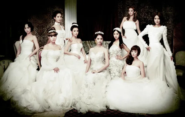Girls, posing, white, the bride, Asian girls, dresses, SNSD, Girls Generation