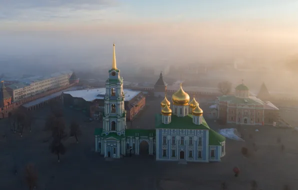 Picture the city, fog, morning, temple, The Kremlin, dome, Tula