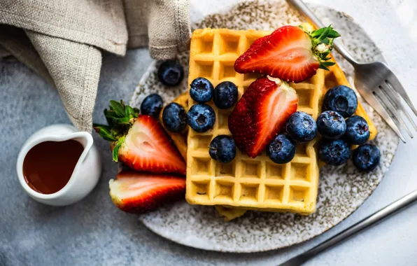 Berries, table, food, towel, blueberries, strawberry, plate, plug