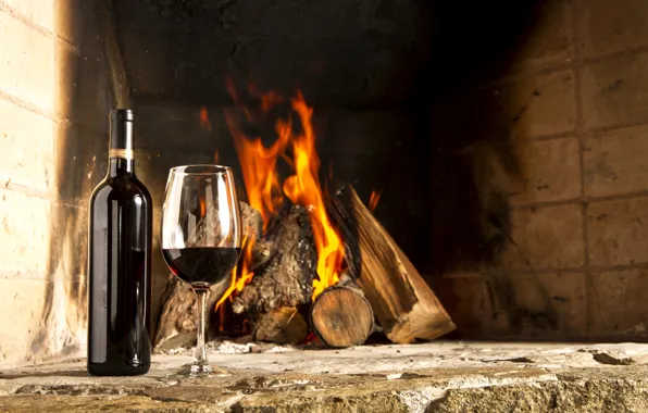 Picture fire, wine, glass, fireplace, Fire, Wine