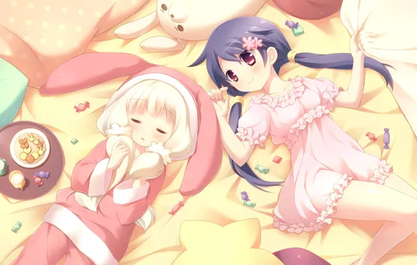 Picture girl, toy, bed, anime, rabbit, milk, cookies, candy