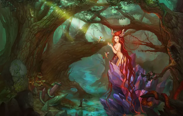 Forest, crystal, girl, stream, hair, thicket, fantasy, art
