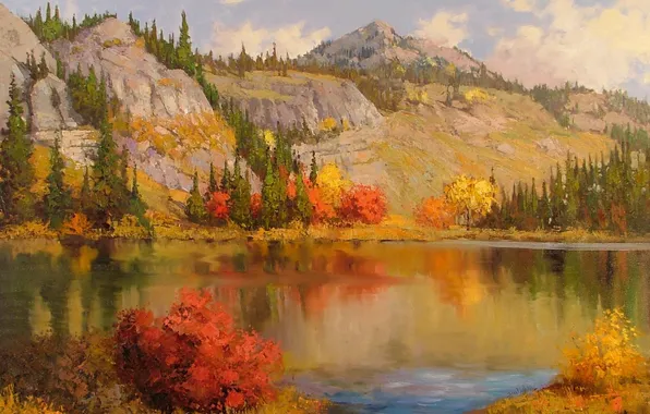 Picture autumn, clouds, trees, landscape, nature, lake, mountain, art