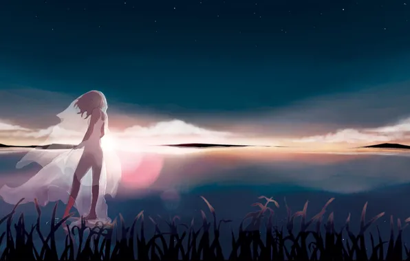 Picture the sky, girl, stars, sunset, nature, lake, art, vocaloid