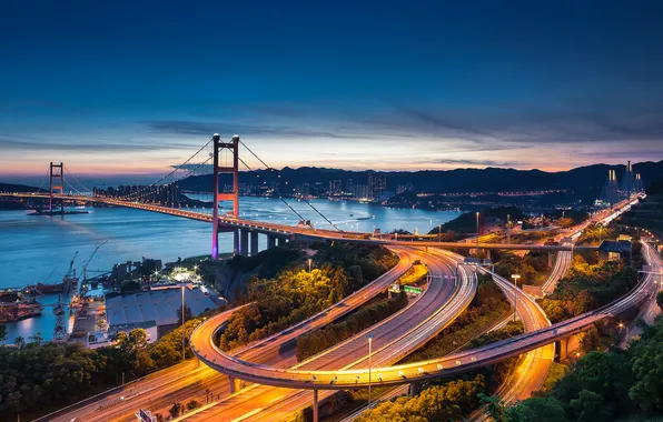 Sunset, the city, Hong Kong, the evening, Hong Kong, suspension bridge, Tsing mA bridge