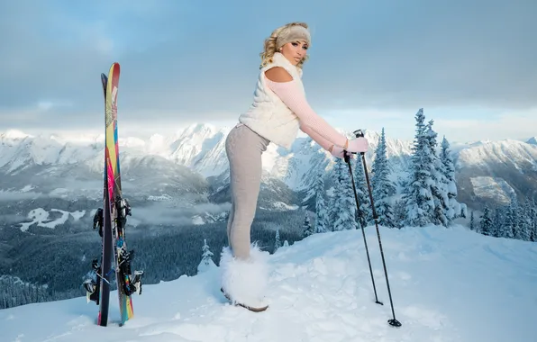 Cold, winter, girl, snow, mountains, model, ski, stick