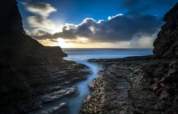 Sea, landscape, sunset, rocks