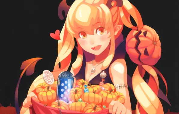Joy, candy, tail, demoness, halloween, long hair, pumpkin, pendant on the neck