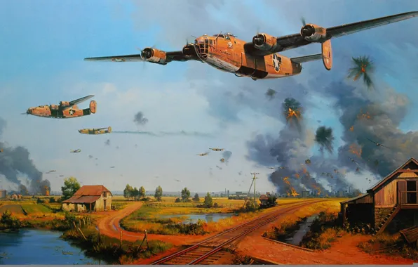 War, art, painting, ww2, Consolidated B-24 Liberator, avation