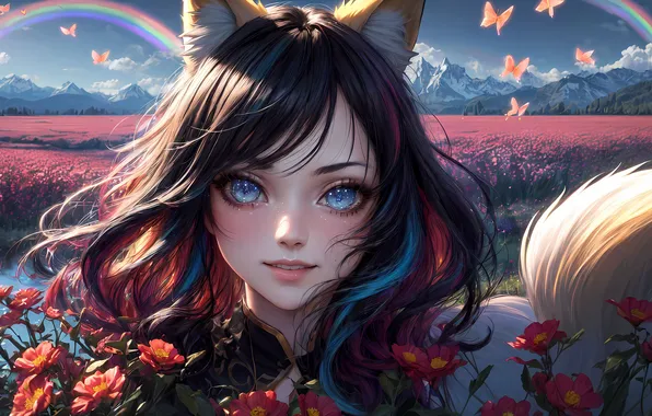 Girl, flowers, anime, Fox