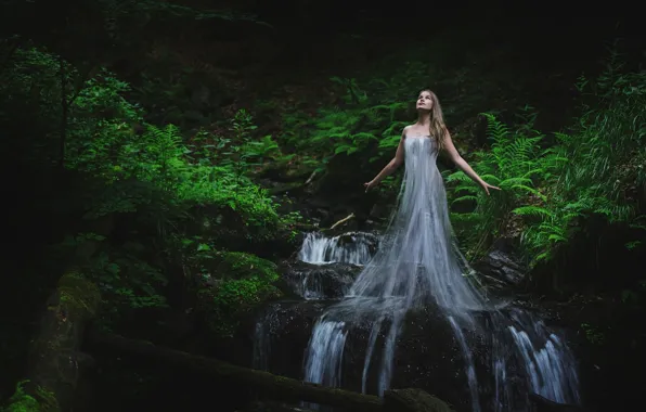 Forest, water, girl, stream