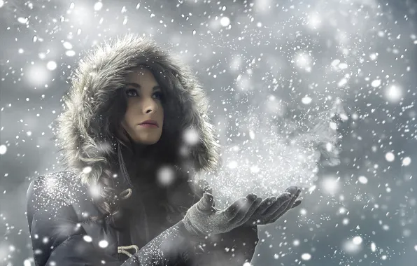 Winter, girl, snow, snowflakes, jacket