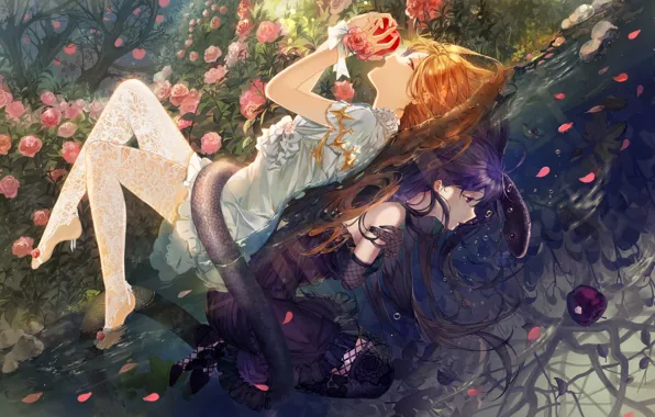 Light, flowers, girls, darkness, Apple, snake, under water