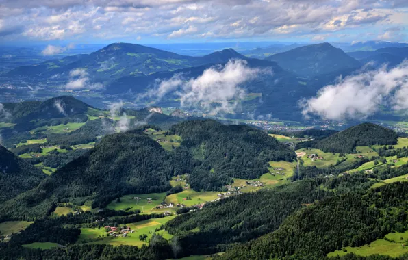 Picture the sky, clouds, mountains, valley