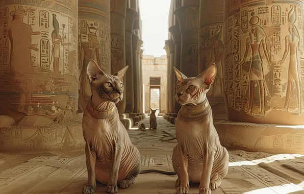 Cats, the ruins, columns, Egypt, sphinxes, neural network