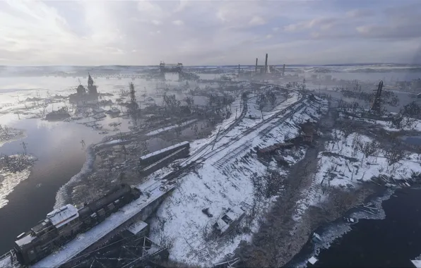Winter, snow, rails, Church, Train, Snow, Metro Exodus