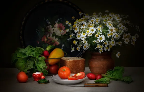 Picture chamomile, bread, pepper, still life, tomatoes, radishes