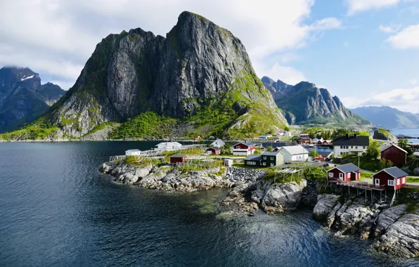 Picture landscape, mountains, the ocean, rocks, home, Norway, the fjord, The Lofoten Islands