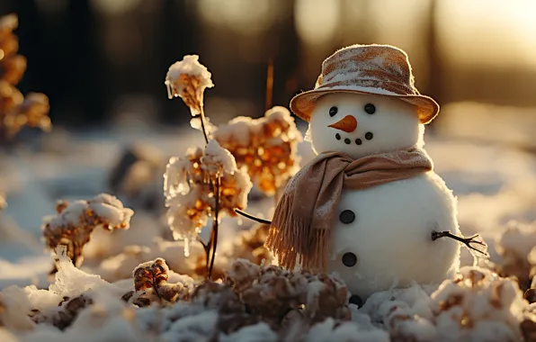 Picture winter, snow, Christmas, New year, snowman, AI art, neural network
