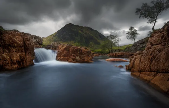 Trees, landscape, mountains, clouds, nature, river, stones, waterfall